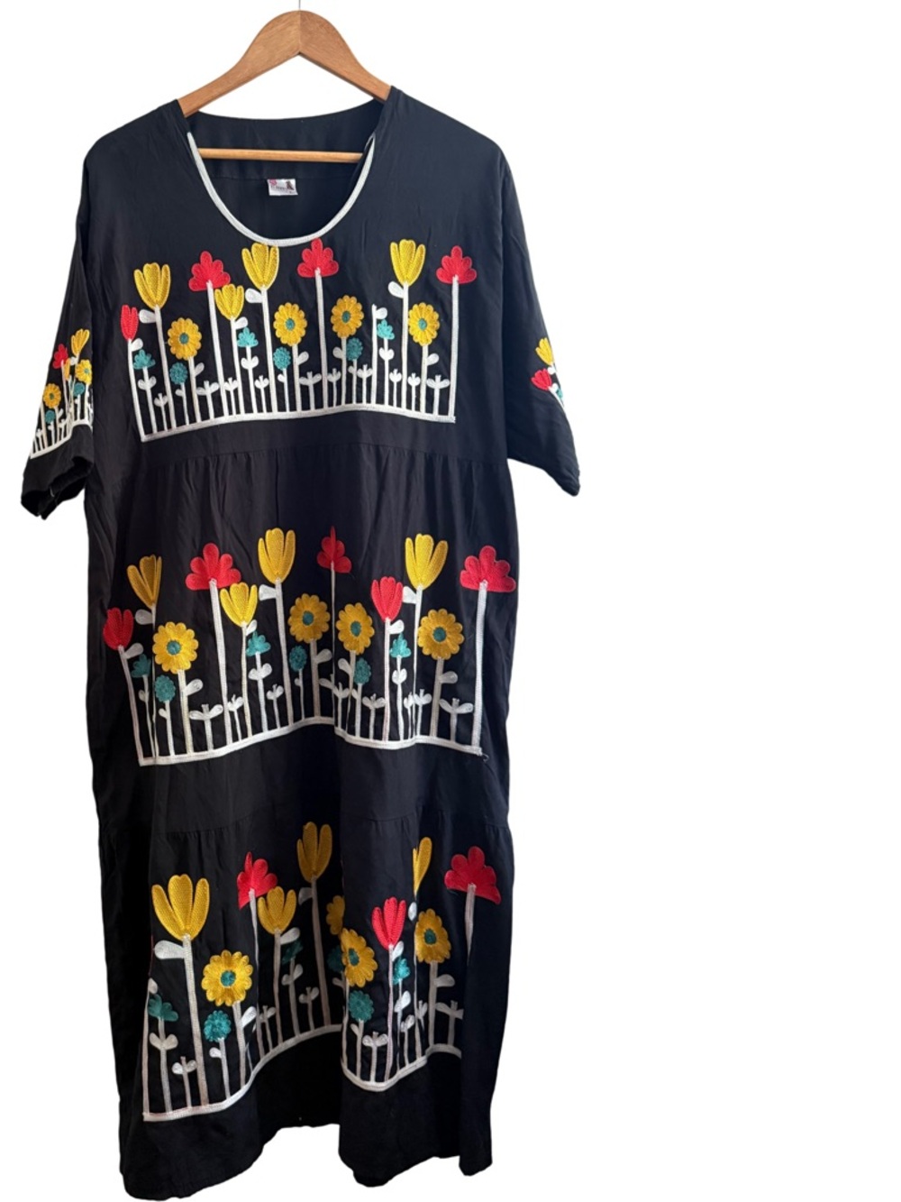 Black Embroidered Floral Midi Dress with Red & Yellow Flowers